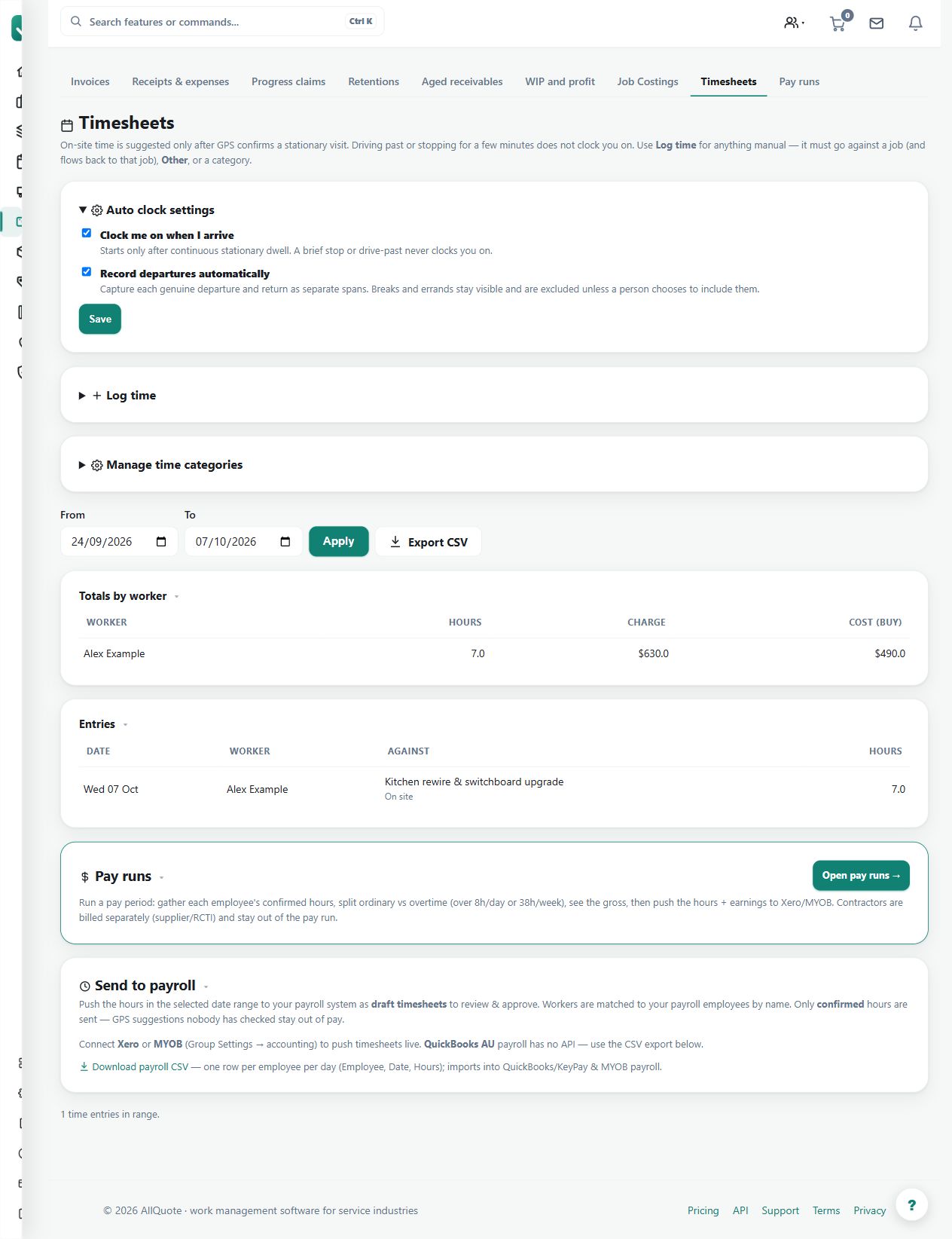 Expanded automatic clock settings sit above the example timesheet. Review consent, location and working-time rules; enabling a setting does not prove a device supplied an arrival event.