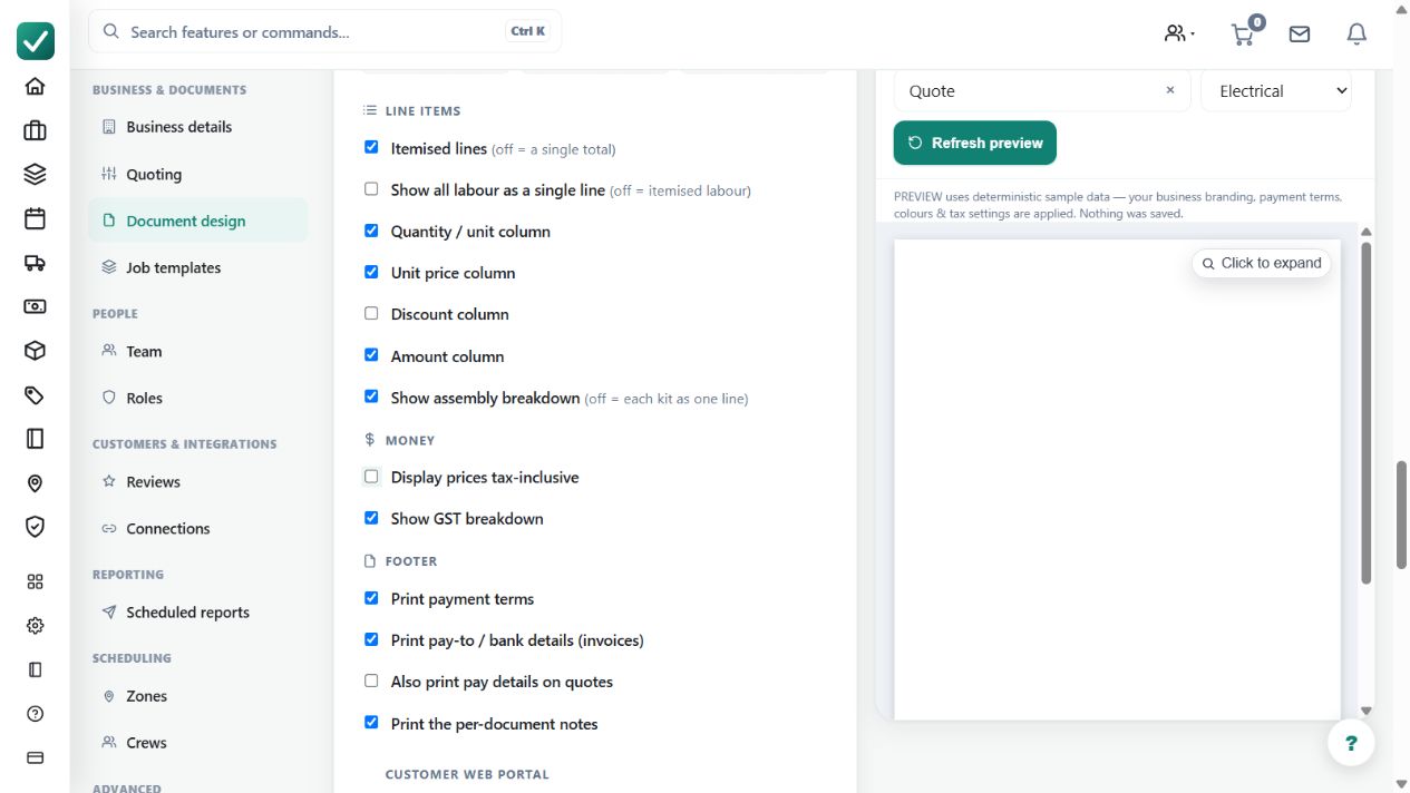 Assembly and line-display options in the document theme. Changing customer presentation does not remove the assembly's underlying cost and quantity detail.