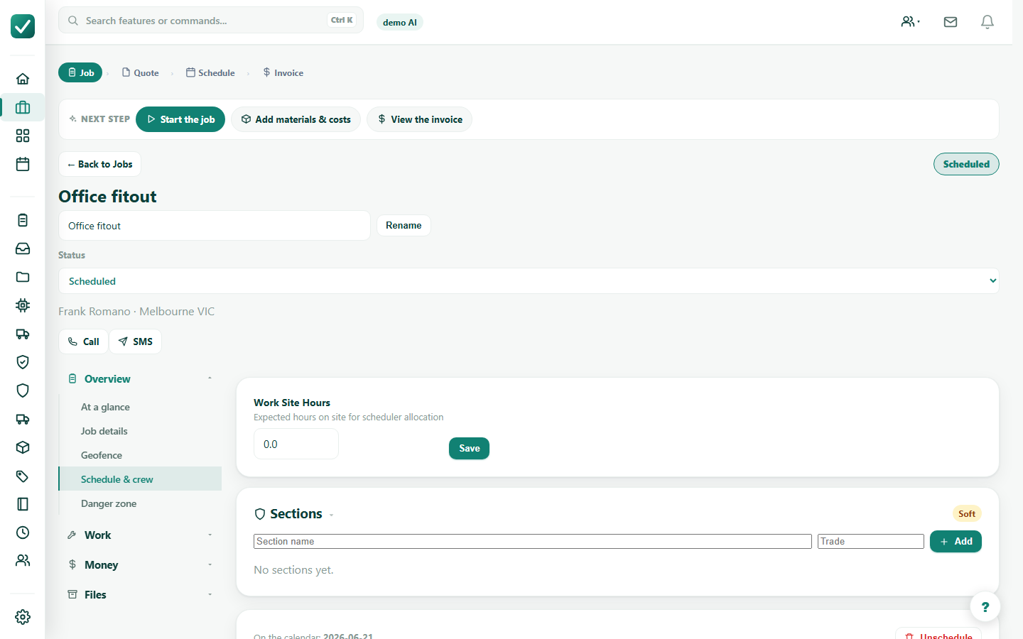 Convert quote to job - Set schedule and crew