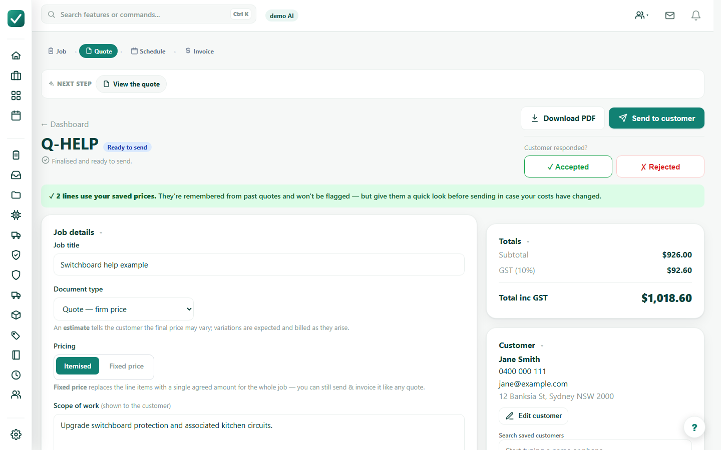 Create a quote - Finalise and send