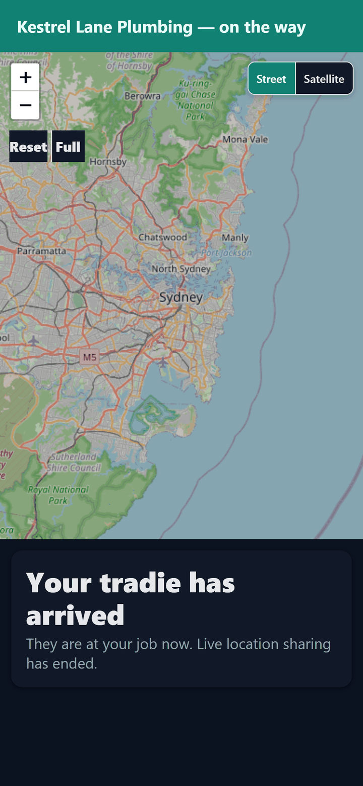 The same customer tracking page after arrival, reading Your tradie has arrived and confirming live location sharing has ended