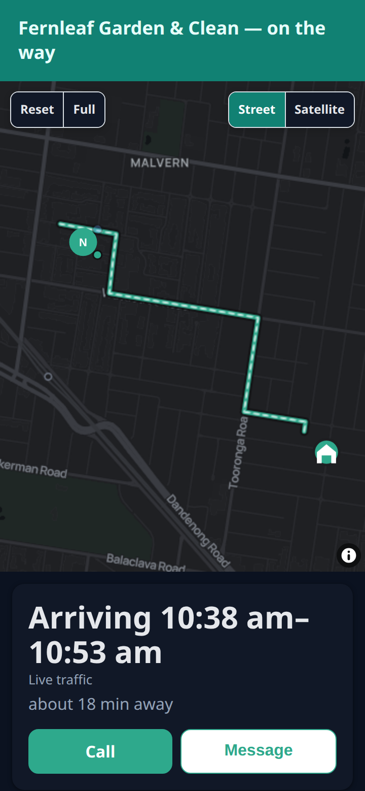 Customer tracking page on a phone: Fernleaf Garden & Clean on the way, a street map with a teal route to the house pin and an arrival window of 10:38 am to 10:53 am