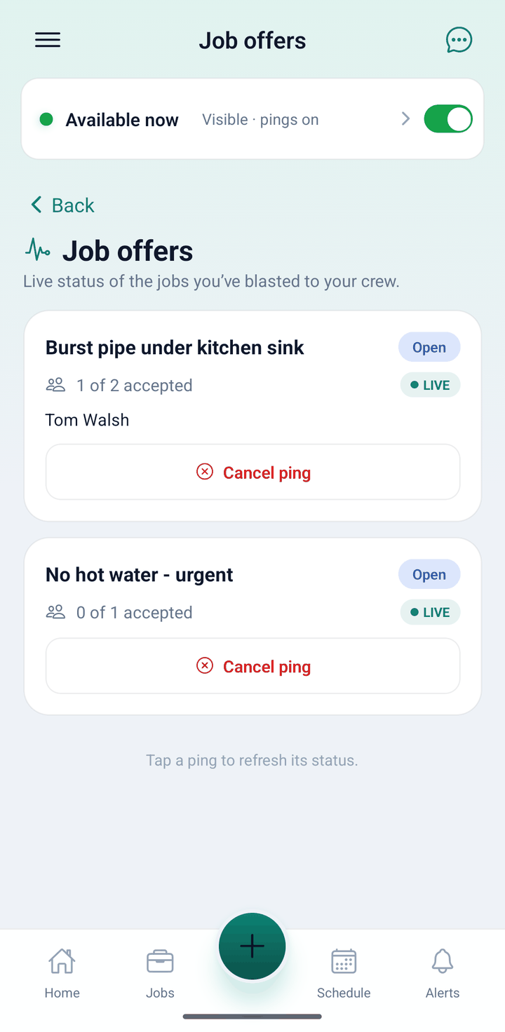 AllQuote app Job offers monitor for the dispatcher: Burst pipe under kitchen sink shows 1 of 2 accepted by Tom Walsh, with a live status and a Cancel ping button
