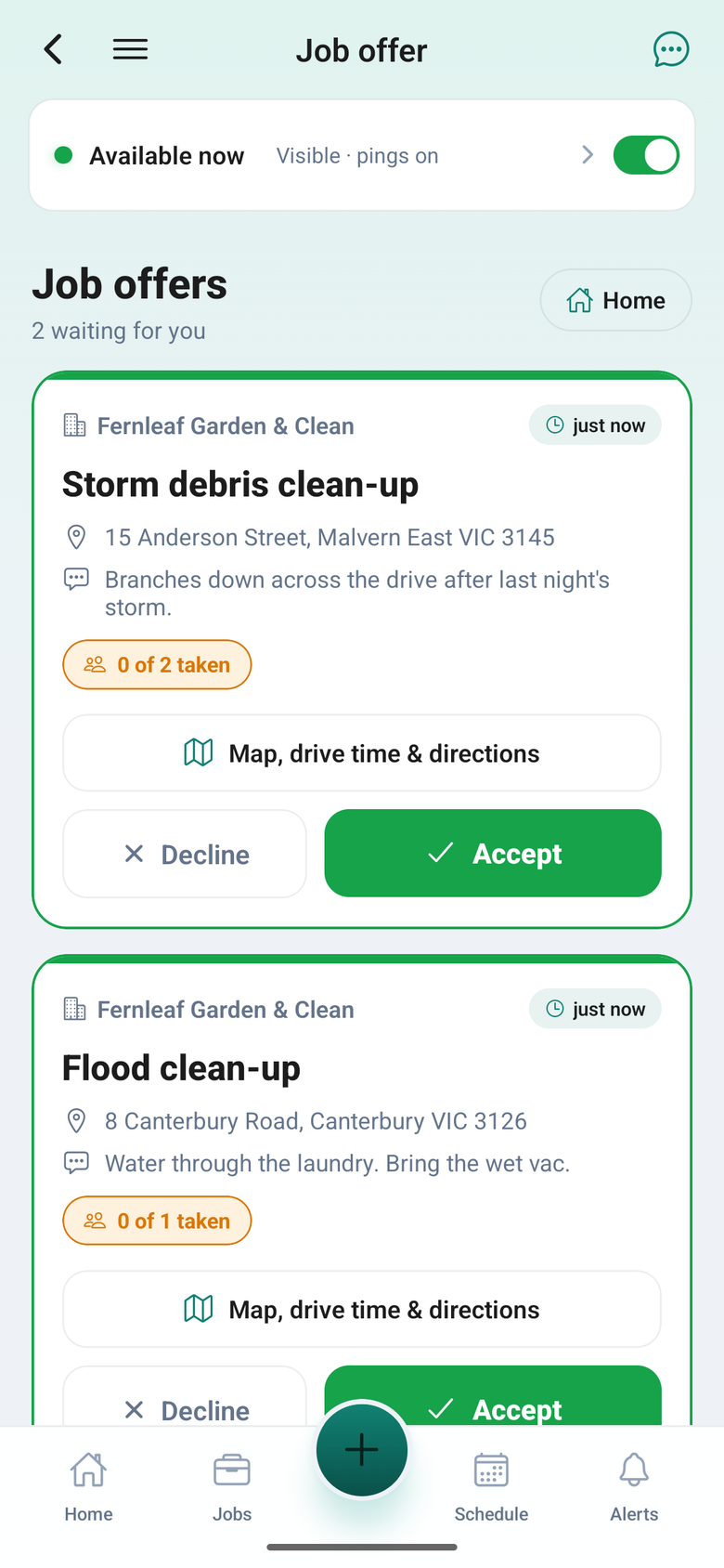 AllQuote app, Job offers: Storm debris clean-up and Flood clean-up from Fernleaf Garden & Clean, each with the address, a note, how many places are taken, and Decline and Accept buttons