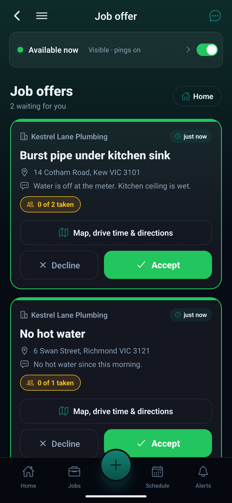 AllQuote app, Job offers: Burst pipe under kitchen sink and No hot water from Kestrel Lane Plumbing, each with the address, a note, how many places are taken, and Decline and Accept buttons