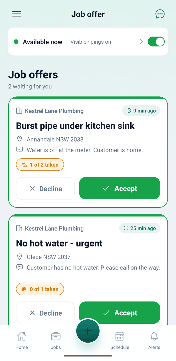 AllQuote app Job offers screen for a crew member: two offers from Kestrel Lane Plumbing with the address, note, how many places are taken, and Decline and Accept buttons